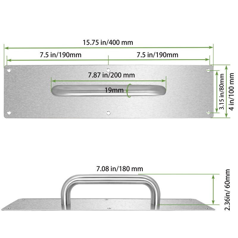 VRSS 304 Stainless Steel Satin Finish Door Push Pull Handles, 100mm Width x 400mm Height x 1.2mm Thick, 180mm Hole to Hole, 200mm Handle Length, 19mm Pull Diameter (1 Pair) - Image 5